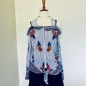 Flying Tomato Cold Shoulder Striped Floral Tie Top